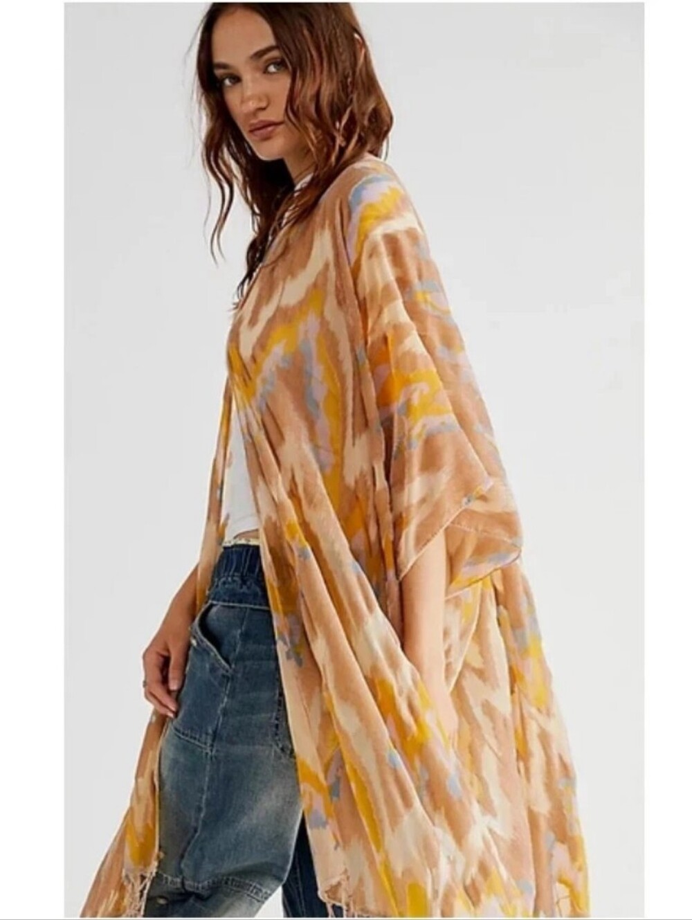 Free People Mellow Yellow dripping velvet burnout kimono Tassels
